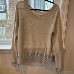 Tan and silver sweater with neck and sleeve detail.